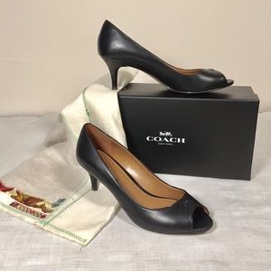 Black Leather Coach Kitten-Heel Women’s Shoes